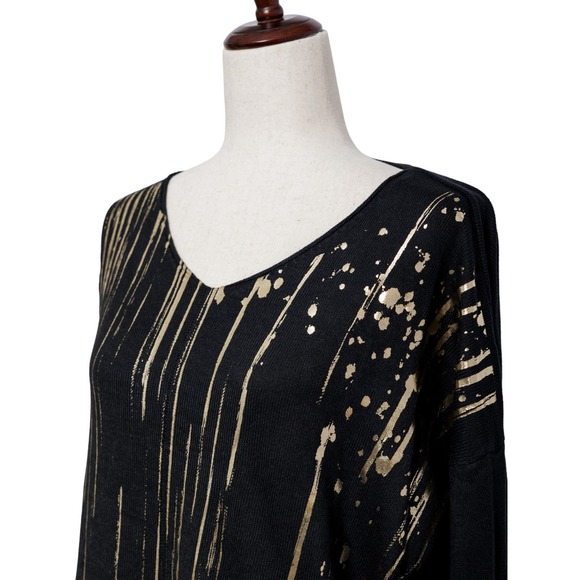 Women's Dressy Black Sweater One Size V-Neck Gold Paint Stroke NWT Bella Amore - Picture 2 of 4